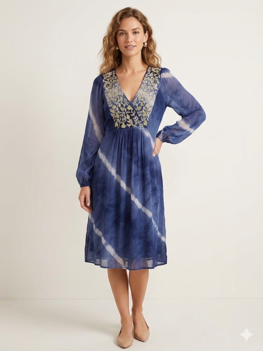 Soft Surroundings Navy Tie-Dye Midi Dress with Gold Floral Embroidery